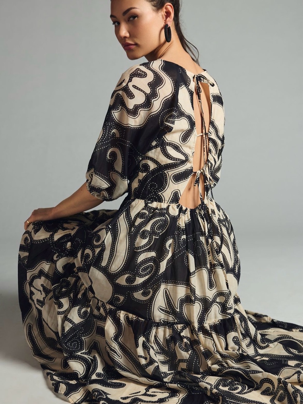 Devotion Twins CHRYSI Tie-Back Midi Dress in Black and Cream NWT